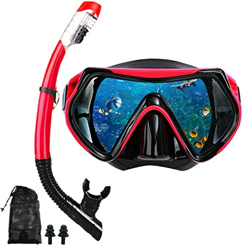 DIPUKI Schnorchelmaske, Schnorchel-Set für Erwachsene und Jugendliche, Tauchmaske und vollständig trockene Schnorchel-Schwimmbrille ist geeignet zum Schnorcheln, Tauchen, Schwimmen (rot)