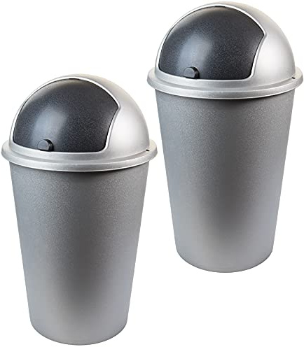 Cubo de basura con tapa deslizante, 2 unidades, aprox. 50 litros, 40 x 68 cm, antracita/plata