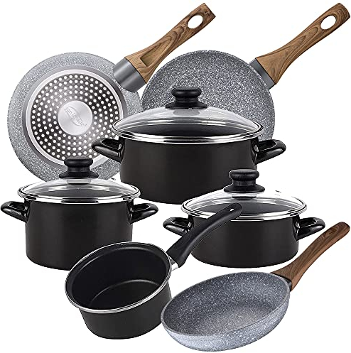 Magefesa Bateria de cocina 7 piezas MAGEFESA Kenia de acero esmaltado con juego de sartenes (22/24/26 cm) Daimiel en aluminio forjado