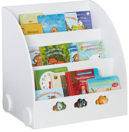 Relaxdays Bücherregal Kinder, HBT: 60 x 58 x 45 cm, Kinderbücherregal mit Wolkenmotiv, 3 Fächer, MDF, Kinderregal, weiß