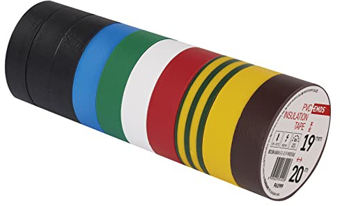 EMOS PVC-Isolierband Mix 10er Pack, 19mm x 20m, 0,13mm Bandstärke, selbstklebend, hohe Spannungsfestigkeit und Anwendungstemperaturbereich, UV-beständig, wasserdichte Verbindung, ohne Textilgewebe