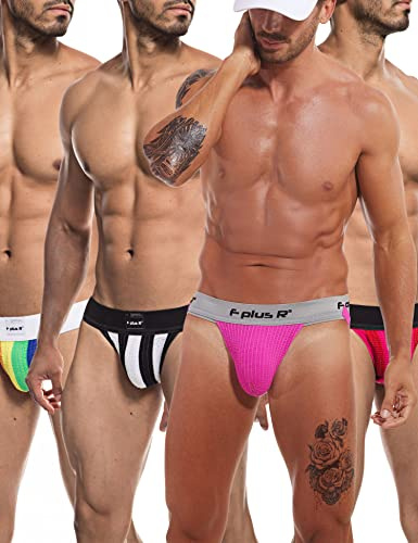 F plus R 2 Inch Waistband Men's Athletic Supporter Jockstrap Rainbow/Fuchsia/Black Stripe/Pink Stripe-4 Pack Small