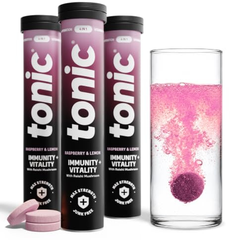 Tonic Health Immunity & Vitality Tablets - 4-in-1 Effervescent Multivitamins and Nutrients - Vitamin D, Vitamin C and Zinc - Vegan, No Sugar- Max Strength Tablets, Raspberry & Lemon, 60 Count