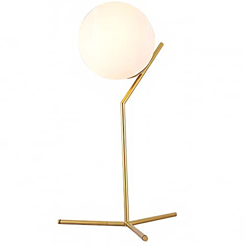LGDEERCO Moderne 1-flammige goldene Schreibtischlampe Mid-Century Nachttischlampe weiße Glaskugel Tischlampe mit Steckerschalter dekorative Schreibtischlampe für Schlafzimmer Wohnzimmer Arbeitszimmer