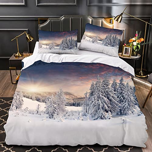 OENISE Paysage d'hiver Housse de Couette 220x240 Adulte Enfant Neige 3D Parure de Lit 2 Personnes en Microfibre Linge de Lit 3 Pièces avec Fermeture Éclai et 2 Taie d'oreiller 50x75