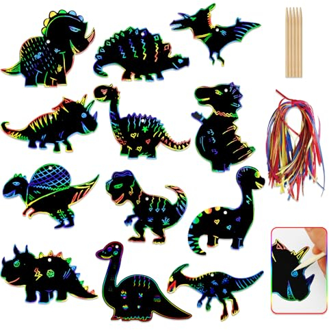 12 Stück Dinosaurier Kratzbilder für Kinder,Tier Kratzpapier Scratch Art mit Holzstiften und Bändern,Personalisiert Magie Scratch Papier Lesezeichen Dinosaurier Ornament für Kinder Spiele Zubehör (A)