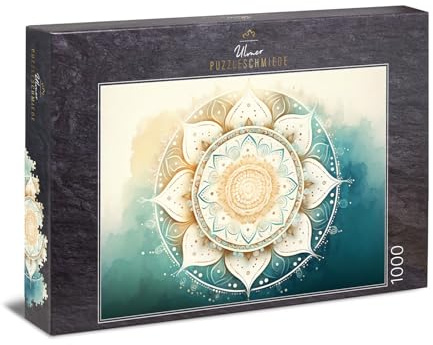 Ulmer Puzzleschmiede - Puzzle mandala aquarelle 1000 pièces - Motif mandala blanc fin dans le style des couleurs d'eau douces - Qualité supérieure - Fabriqué en Allemagne