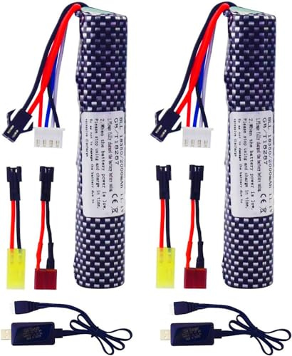 2PCS 3S 11.1V 2000mAh Li ion Battery with SM-2P Plug Connector and USB Charging Cable Suitable for Airsoft Gel Water Droplet Blaster Air Gun Gel Ball Shock Wave Replacement Battery