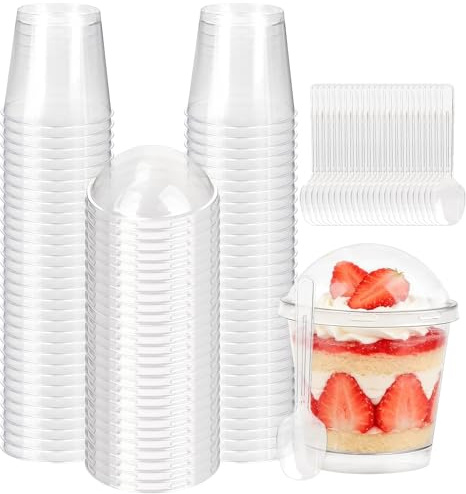 LIUCONGBD 50PCS Plastic Dessert Cups with Lids and Spoons, 7oz/200ml Reusable Round Dessert Bowls, Clear Cheesecake Pots Parfait Appetizer Serving Cup for Yogurt Mousse Pudding Party Supplies