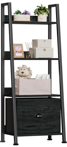 Furologee 4-Tier Ladder Shelf, Ladder Bookshelf with Removable Drawer, Bookcase Storage Rack Organizer, Freestanding Storage Shelves for Living Room, Home Office, Bedroom, Black Oak