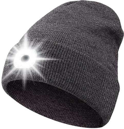 ZONSUSE Mössa med 6 LED-lampor, LED-vintermössa, upplyst löparmössa, stickad mössa med pannlampa, avtagbar, USB-laddning, 3 ljusstyrkor, för män och kvinnor, nattlöpning camping ridning fiske, GRÅ,