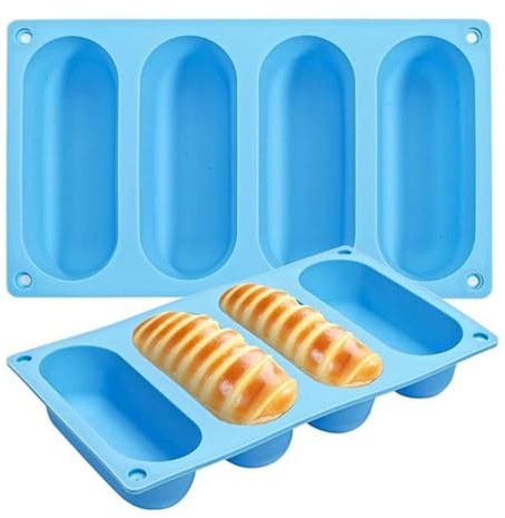 Amosfun 2pcs Silicone Baking Tray, 4 Cavity Non-Stick Bread Bun Pan, Easy Release Baguette Mold Baguette Baking Mold French Bread Mould