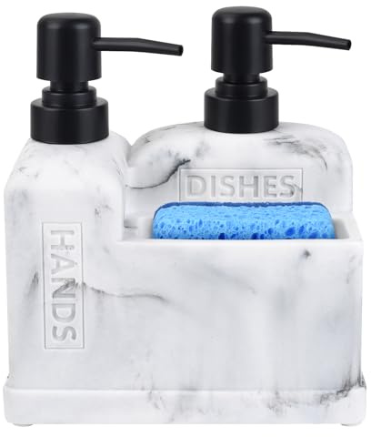 Kitchen Hand Soap and Dish Soap Dispenser Set,Dual Soap Dispenser with Sponge Holder 3-in-1 Organizer for Kitchen Sink,Bathroom,Useful Kitchen Gadgets - White Marble Look