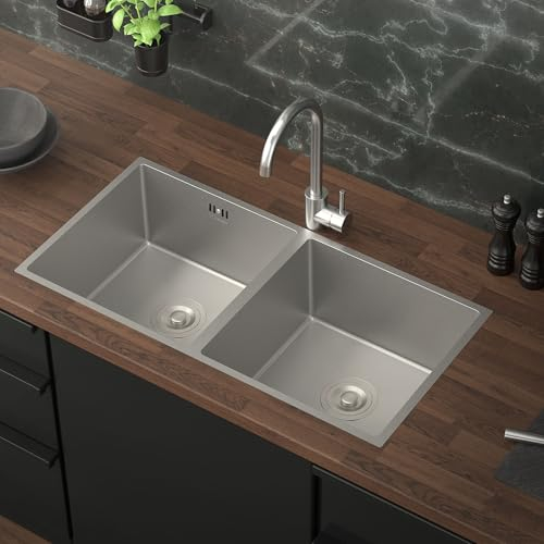 ML-Design Fregadero de Cocina Doble 81,5 x 40 cm de Acero Inoxidable Plateado Lavabo con 2 Cubetas y Sifón Rectangular Bajo Encimera con Juego de Desagüe y Rebosadero Resisten a la Corrosión