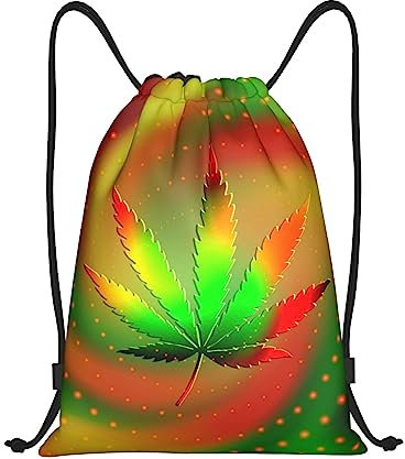 SBKGBIEHG Rasta Colors Rucksack mit Kordelzug, wasserabweisend, Sportbeutel, Turnbeutel, für Damen und Herren, Trippy Jamaica Leaf, S