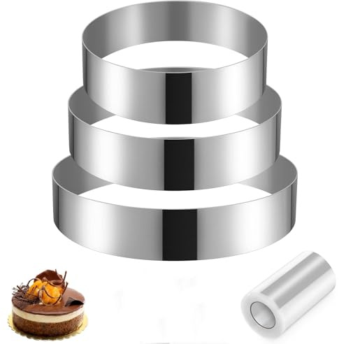 3 pcs Cooking Ring Set 10 +15 + 20cm, Round Pastry Frame Stainless Steel Silver with Cake Collar, Cake Circle Mold Cookie Cutter Frame Mold Fondant Jelly Mousse Pastry Accessory
