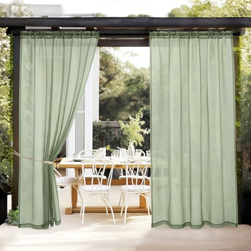 MIULEE Outdoor Sheer Curtain for Patio Waterproof - 2 Panels Sage Green Privacy Drape Voile Curtain Rod Pocket for Porch,Pergola, Cabana, Gazebo, 54 X 84 Inch Long