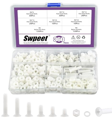 Swpeet Lot de 360 vis cruciformes M6 en nylon blanc avec écrous et joints, 6 tailles, longueur 8/10/12/15/20/25 mm