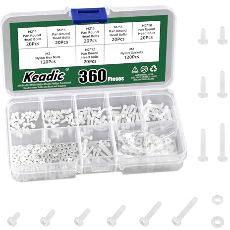 Keadic 360Pcs M2 White Nylon Plastic Pan Round Head Screws, Nylon Plastic Pan Round Head Screws Bolts and Nuts Washer Kit for Fastening