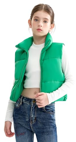maoo garden Girls Winter Puffer Vest Faux Down Short Cut Lightweight Water-Repellent Sleeveless Jacket for Big Girls, Green, 10 Years