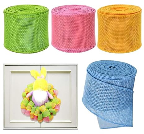 Påsksäcklinneband med tråd, påskband med trådkant | 4 rullar presentband | omlottkrans-banddekor, trådkantband för paket, buketter, vaser och korgar