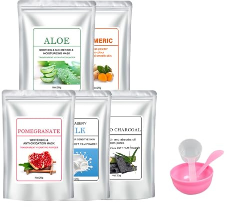 Masque En Poudre Professionnel Pour Soins Du Visage - Kit De 5 Masques Hydrogel (Charbon De Bambou, Aloe Vera, Grenade, Curcuma, Lait) + Outils, Hydratation Intense, Spa à Domicile