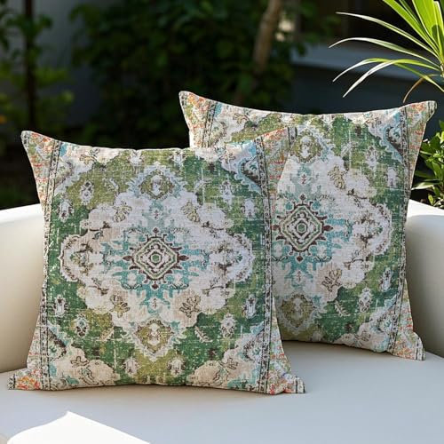 Vorysum Funda Cojín Decorativa 40x40 cm Verde Estilo Turco - Antimanchas e Impermeable, Diseñada para Jardín, Terraza o Salón, Diseño Elegante y Natural Juego de 2