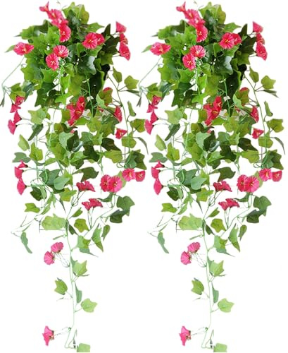 iksya Kunstblumen Hängend Blumen - 44 Bündel 39 in Kunstpflanze Hängend Petunie UV Beständig für die Veranda, Hof, Innengarten, Frühlings und Sommerdekor(Rose red,2PCS)
