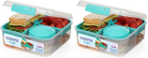 Sistema Bento Box TO GO Brotdose mit Fächern | 1,25 L Lunchbox mit Joghurt-/Fruchtbehälter | für Kinder & Erwachsene l | BPA-frei | Minty Teal [21685-8T], Mintgrün (Packung mit 2)