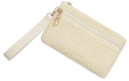 LJCZKA Small Straw Clutch Bag for Women Straw Purse Zipper Wristlet Wallets Bohemian Summer Beach Handbag Cellphone Bag with Wrist Strap