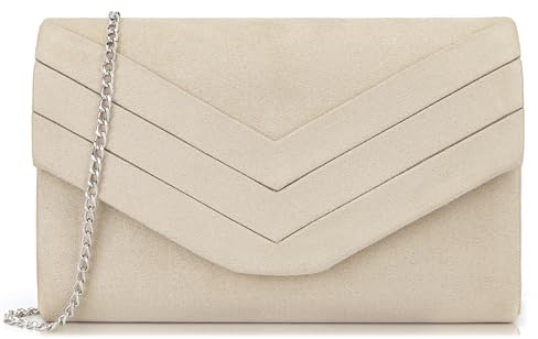 Milisente Damen Wildleder Clutch Umschlag Crossbody Abendtasche Handtasche | V-förmige Lasche aus Veloursleder. Inkl. abnehmbarer Kette für Schulter & Hand. Mit Magnetverschluss