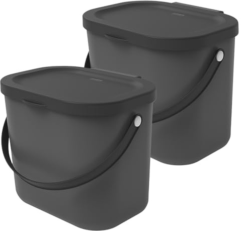 Rotho Albula Biomülleimer Küche 2 x 6 L Bio Mülleimer mit Deckel Anthrazit | Komposteimer Küche für Kompost und Biomüll, dicht schließender Deckel, aufklappbar, Trageriemen, recycelter Kunststoff