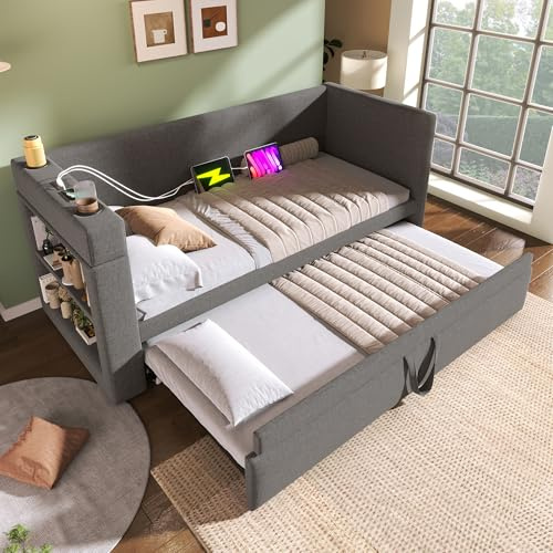 EINHOM Schlafsofa Polsterbett 90x190 cm, Tagesbett Einzelbett mit Ausziehbett, Armlehnen mit USB- & Type-C-Ladeanschluss und Getränkehalter, Leinen-Mischgewebe, Ohne Matratze, Grau