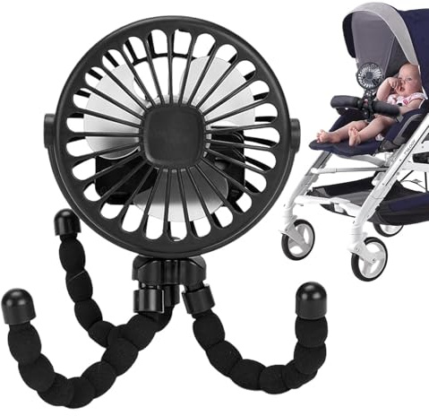 ZVD Ventilador Carrito Bebe, Ventilador Portatil Carro Bebe, Ventiladors Recargable De Mano Con 3 Velocidades Viento Y Cabezal Giratorio 360°, Para Cochecito Silla Paseo Coche (Negro)
