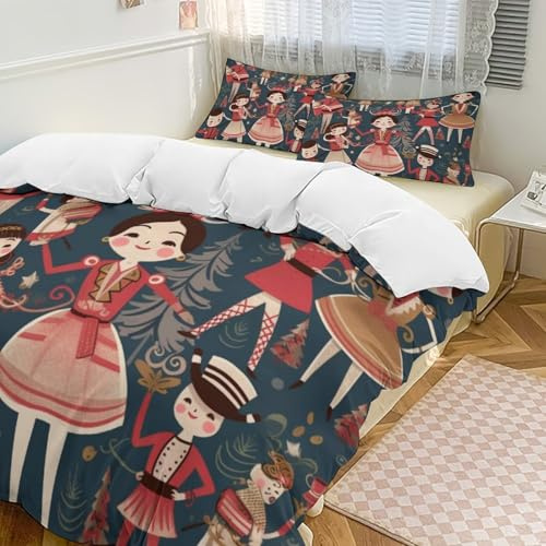 BBNMSJKS Women's Nutcracker Ballet Xmas Dance Cartoon Printed Duvet Cover Sets with Pillowcases, 3 Pieces Thickened Bed Bedding Set with Zipper for Home Hotel,79x90
