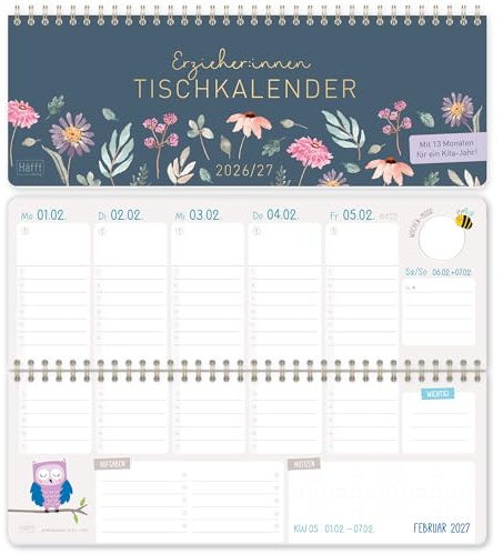 Häfft® Tischkalender Erzieher & Erzieherinnen 2026/2027 „Flying Flowers“ | Wochenkalender für Kindergarten & Kita, Kita-Planer im Querformat mit Ringbindung, 13 Monate Laufzeit von Aug. 26 - Aug. 27
