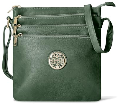 Woodland Leathers Crossbody Bags For Women, Multi Zipper Spacious Cross Body Bag Women With Adjustable Crossbody Strap, Golden decorated Women's Hobos & Shoulder Bags (Dark Green)