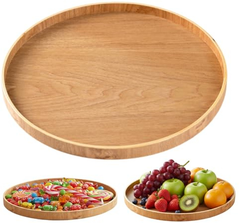 Hilai Bandeja Redonda de Madera, Bandeja Redonda de Madera Natural Lisa de 12 Pulgadas, cómodas Tablas de charcutería, Plato Multiusos para Comida, café, té