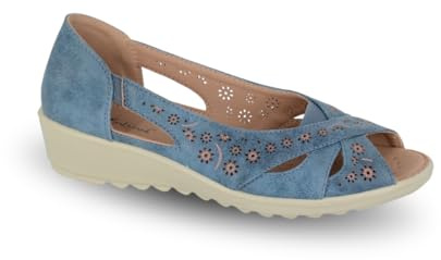 Boulevard Ladies Sandals Wide E Fit Peep Toe Slip On Cross Over Massage Footbed Summer Lightweight Floral Womens Holiday Flats (Blue, UK Footwear Size System, Adult, Women, Numeric, Wide, 6)