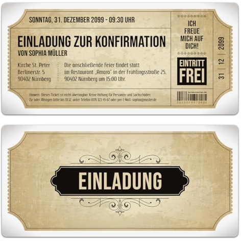 Kartenmachen.de Personalisierte Konfirmation Einladungskarten 10-100 Stück selbst gestalten - Vintage Eintrittskarten in Weiß - DIN Lang 210x99mm