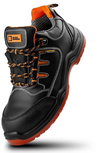 Black Hammer Men's Safety Trainers Genuine Leather Hydroguard Waterproof Composite Toe Cap Professional Work Non-Slip Lightweight Comfortable for Outdoor and Indoor Use 9007 | Kevlar puncture-resistant midsole, genuine leather upper, lightweight, anti-static, wide-grip outsole, oil-resistant.