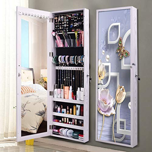 DLT Butterflies And Flowers Modern MDF Makeup Jewelry Armoire Organizers White Lock, Standing Built-in Full Length Mirrored Organizer Box, Large Storage Capacity