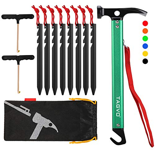 TAGVO Multifunktions Camping Hammer mit 8 PCS Zelt Heringe und 2 PCS Multifunktions Zeltstangen-Abzieher Set,Outdoor High Carbon Stahl Camping Zelt Hammer Aluminium Heringe erdnägel Set