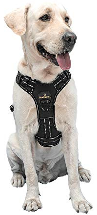 MASBRILL Hundegeschirr Grosse Hunde, Anti Zug Geschirr Hunde Brustgeschirre Einstellbar und Reflektierend, Weich Atmungsaktiv Gepolstert Hundegeschirr mit Grifff für Walken(Schwarz L)