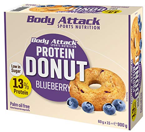 Body Attack Protein Donut, Blueberry, 15 x 60g, 13% Protein aus hochwertigem Egg- und Whey Protein, Palmölfrei, vegetarisch, zuckerarm, perfekte Alternative zu herkömmlichem Gebäck, Box
