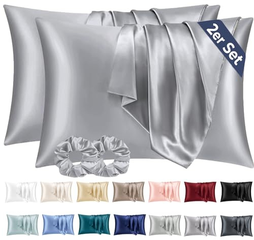 Vielit 2er Set Satin Kissenbezug 40 x 80 Grau, Weich wie Seidenkissenbezug 40x80,Bessere Pflege als Silk Pillosecase,Satin Kopfkissenbezug Kissenhülle für Haar und Haut mit 2 Haargummis