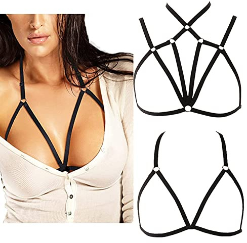 VicSec Women Sexy Harness Strappy Hollow Out Bra Elastic Cage Bralette | Cupless Body Lingerie Punk Gothic Alluring Adjustable Halter Belt Crop Top Bralet for Ladies Festival Club Party Wear