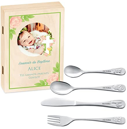 Maverton Set de Couverts de table dans boîte en bois imprimée - Thème Animal - Cadeau personnalisé - Cadeau bapteme fille - Cadeaux bébé - Coutellerie gravée - Photo 2
