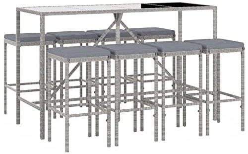 vidaXL Gartenbar Set 9-TLG., Gartenmöbel Bartisch 8 Barstühle, Stehtisch Barhocker für Garten Terrasse, Sitzgruppe Gartenset mit Kissen, Grau Poly Rattan