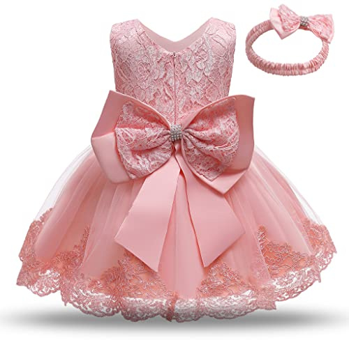 Bebé Niñas Ropa De Bautizo Vestido Lncaje Lazo Princesa Fiesta Vestido con Diadema Niña Formal Boda Cumpleaños Baile Vestidos Rosa 1-2 Años